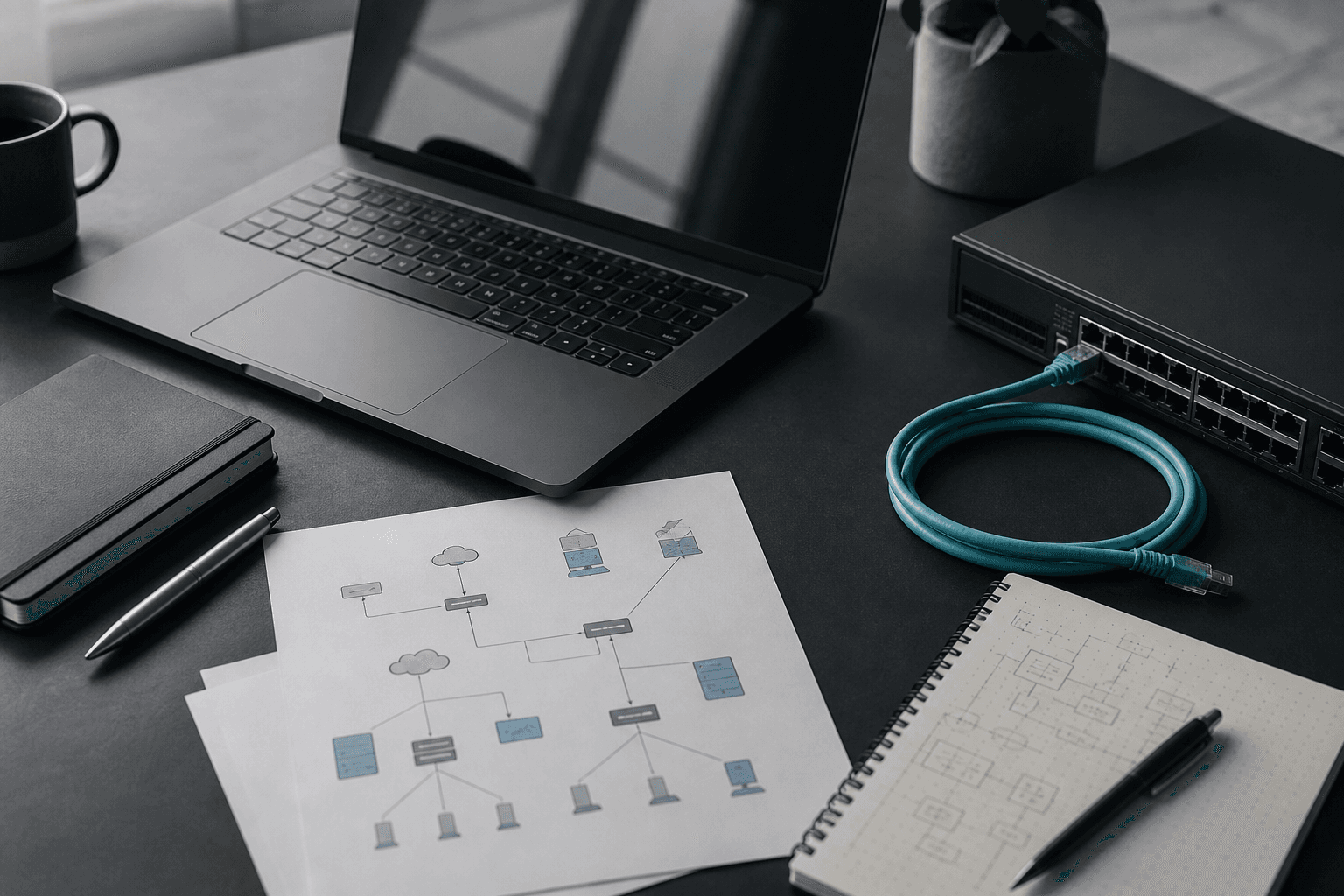 Network architecture workspace with a laptop, switch, and topology diagrams