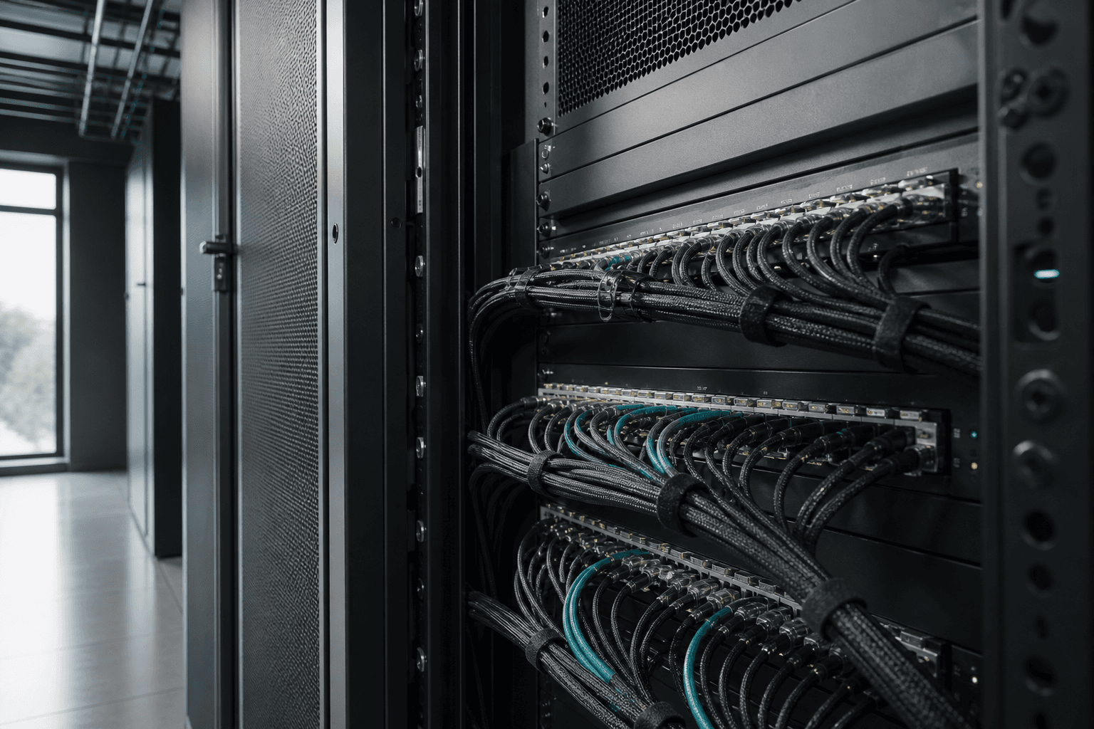 Braided network cables arranged in an infrastructure rack