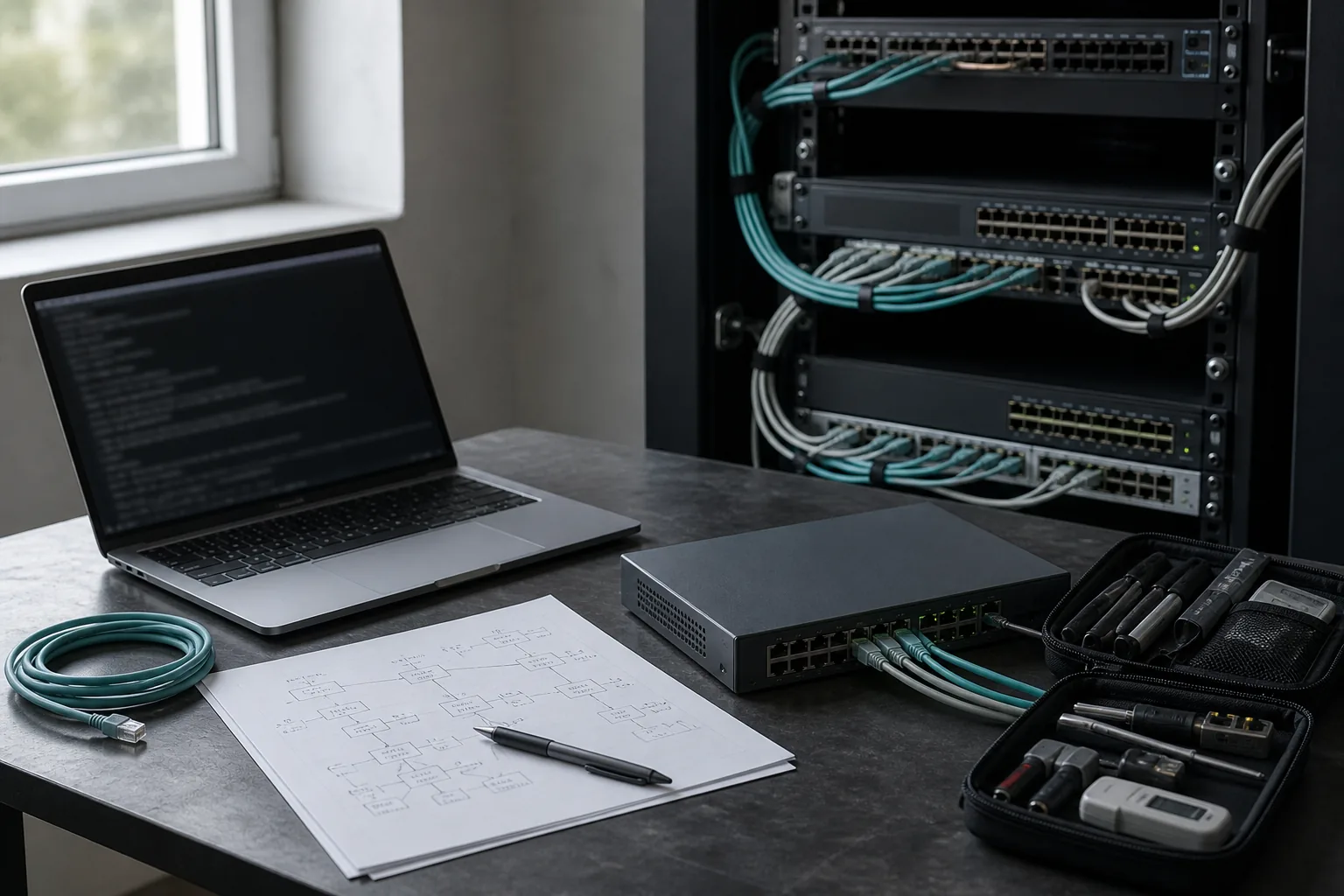 Network diagnostics workspace with a laptop, switches, cabling, and topology notes